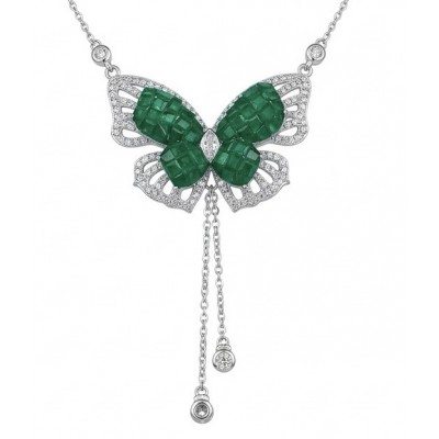 Precious Butterfly authentic mystery setting 12.9 carat Colombian Emerald .925 Sterling Silver handcrafted Statement necklace