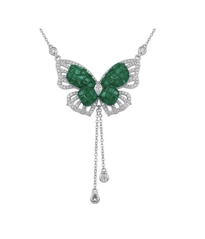 Precious Butterfly authentic mystery setting 12.9 carat Colombian Emerald .925 Sterling Silver handcrafted Statement necklace