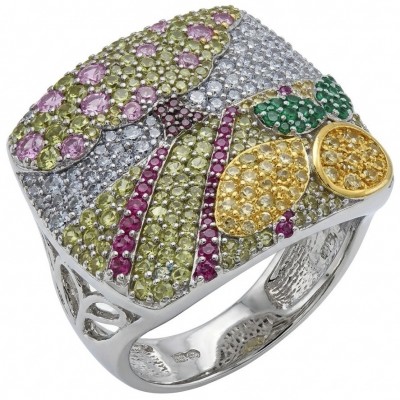 Timless Journey - LARGE Authentic 8.8 carat pave Multigem .925 Sterling Silver brilliantly dipped in rhodium 2 TONES handcrafted Statement ring; s. 7