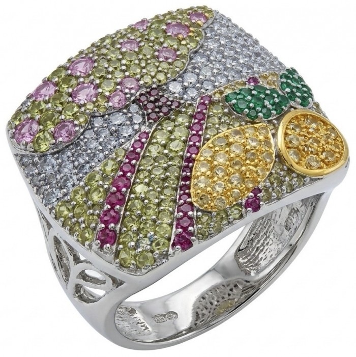 Timless Journey - LARGE Authentic 8.8 carat pave Multigem .925 Sterling Silver brilliantly dipped in rhodium 2 TONES handcrafted Statement ring; s. 7