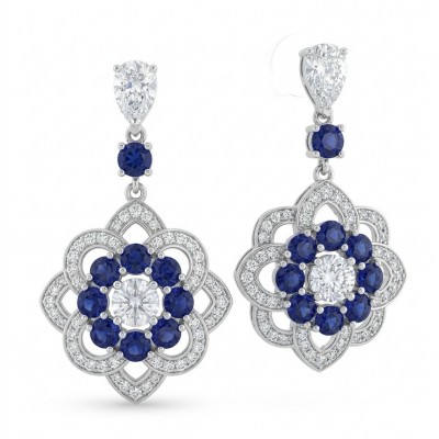 Art Deco - Authentic 4.5 carat Sapphire rhodium over .925 Sterling Silver handcrafted earrings