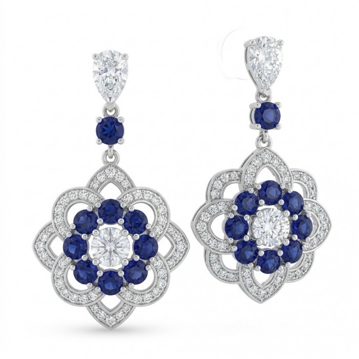 Art Deco - Authentic 4.5 carat Sapphire rhodium over .925 Sterling Silver handcrafted earrings
