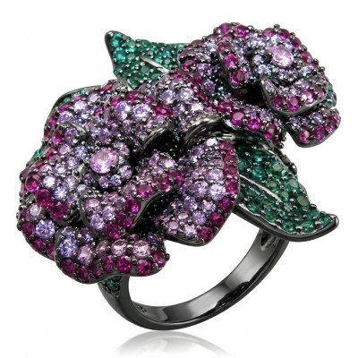 Wild Roses Authentic 3.5 carat pave Ruby 1.9 carat Emerald .925 Sterling Silver brilliantly dipped in black rhodium handcrafted Statement ring; s. 8 1/4