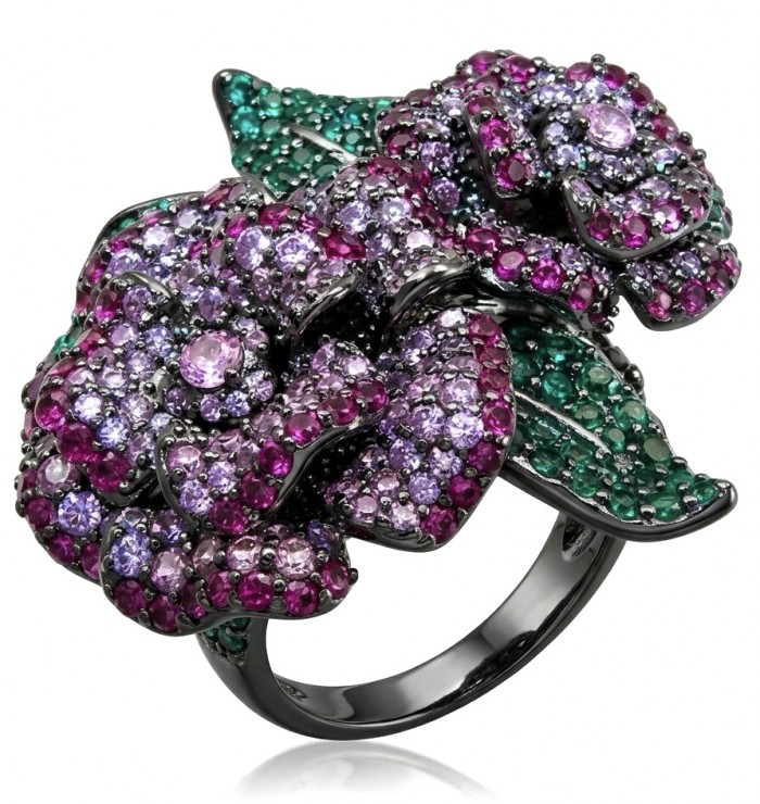 Wild Roses Authentic 3.5 carat pave Ruby 1.9 carat Emerald .925 Sterling Silver brilliantly dipped in black rhodium handcrafted Statement ring; s. 8 1/4