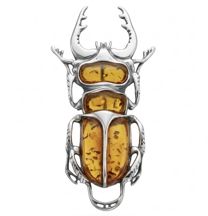 Secret Scarabaeus Baltic Polish Amber .925 Sterling Silver dipped in Rhodium Pendant / Brooch