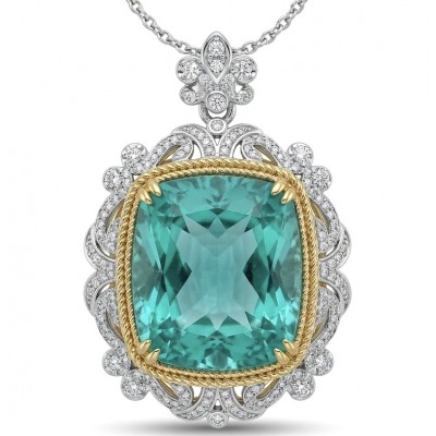Brazilian's Briliance - emerald cut 33.7 carat Paraiba Tourmaline 2 tones .925 Sterling Silver handcrafted necklace