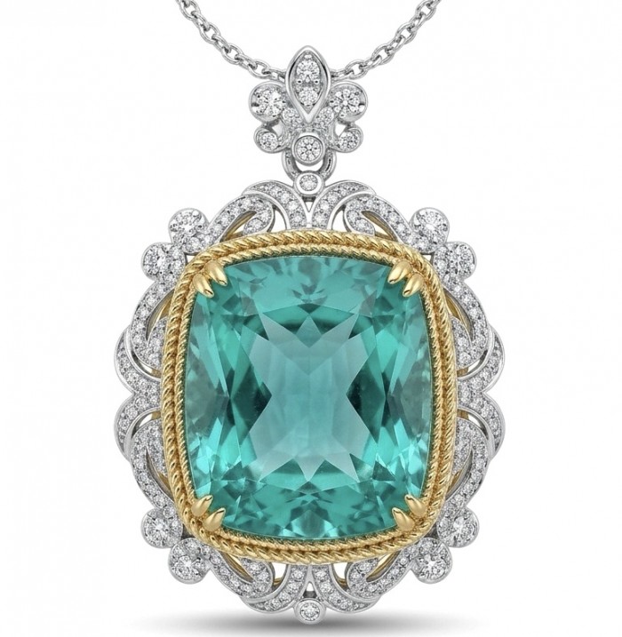 Brazilian's Briliance - emerald cut 33.7 carat Paraiba Tourmaline 2 tones .925 Sterling Silver handcrafted necklace