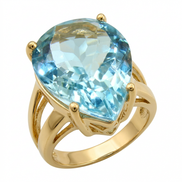 Nirvana Natural Fancy pear cut 17.8 carat Swiss Blue Topaz .925 Sterling Silver dipped in 14K Gold handmade Statement Ring size 5
