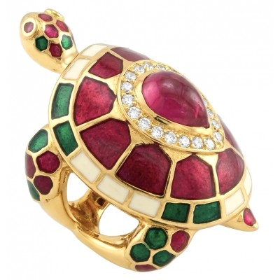 Good health and Long life Turtle Genuine 2.6 carat Ruby enamel .925 Sterling Silver dipped in 22K Gold handmade HUGE Ring size 6
