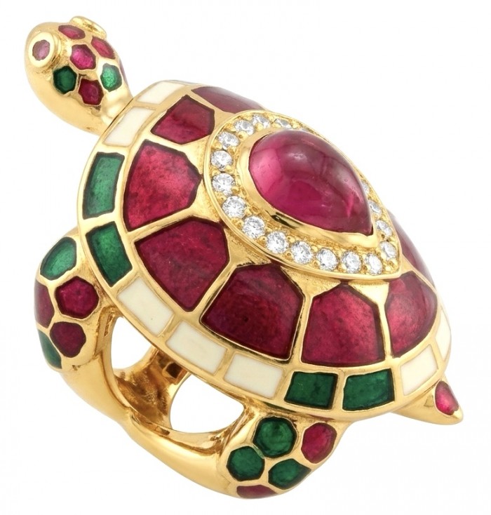 Good health and Long life Turtle Genuine 2.6 carat Ruby enamel .925 Sterling Silver dipped in 22K Gold handmade HUGE Ring size 6