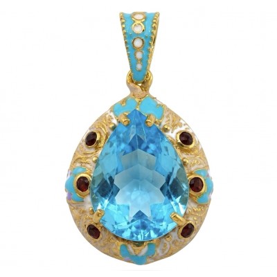 Atlantica - amazing quality PEAR cut 34.5 CARAT genuine Swiss Blue Topaz Enamel 22K Gold over .925 Sterling Silver handmade pendant