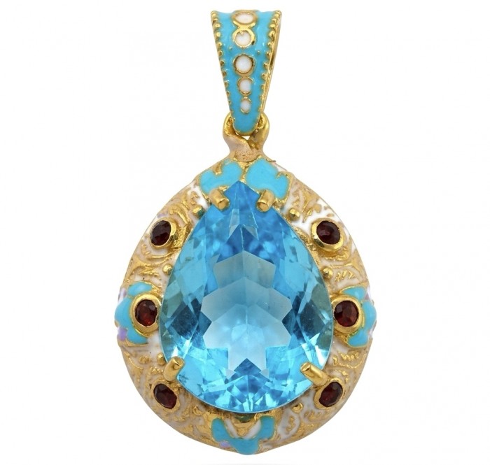 Atlantica - amazing quality PEAR cut 34.5 CARAT genuine Swiss Blue Topaz Enamel 22K Gold over .925 Sterling Silver handmade pendant