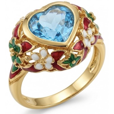 ANGEL'S HEART 6.8 carat Swiss Blue Topaz ENAMEL .925 Sterling Silver dipped in 22K Gold handcrafted ring size 7 1/2