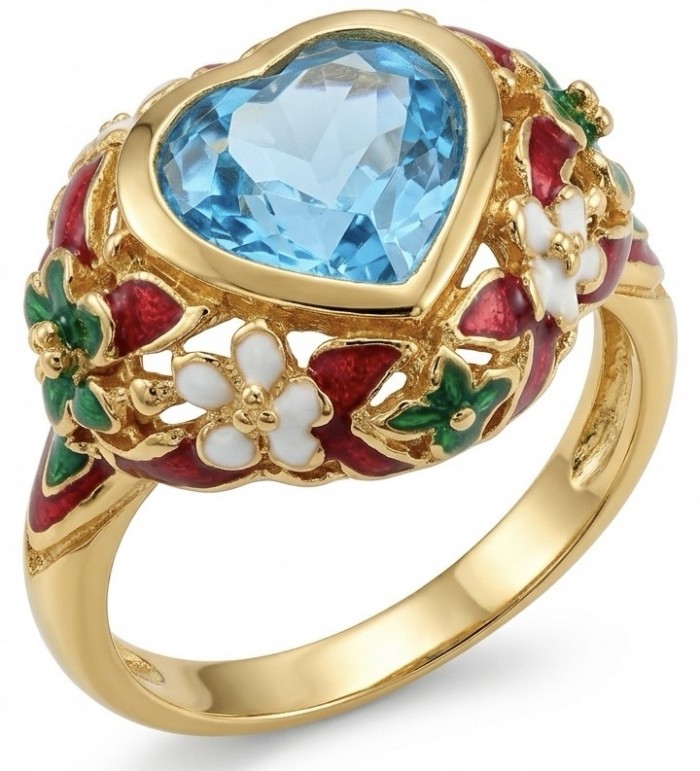 ANGEL'S HEART 6.8 carat Swiss Blue Topaz ENAMEL .925 Sterling Silver dipped in 22K Gold handcrafted ring size 7 1/2