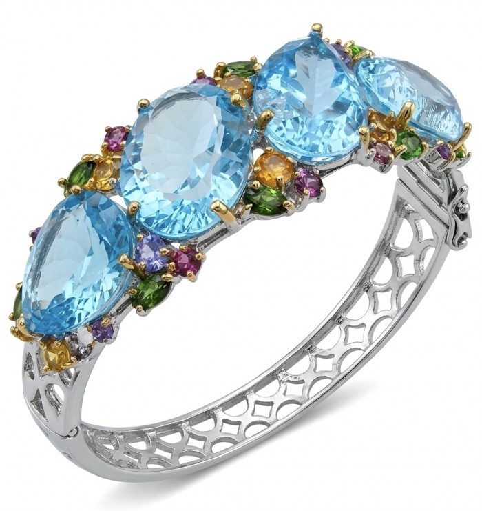 PACIFICA - 25.8 carat Swiss Blue Topaz 10.2 carat Sapphire 18K Rose Gold over .925 Sterling Silver handmade bangle Bracelet