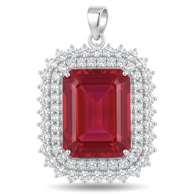 Rare finding! Deluxe 51.2 carat authentic emerald cut Kashmir Ruby rhodium over .925 Sterling Silver handmade Statement Pendant