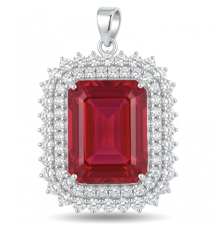 Rare finding! Deluxe 51.2 carat authentic emerald cut Kashmir Ruby rhodium over .925 Sterling Silver handmade Statement Pendant