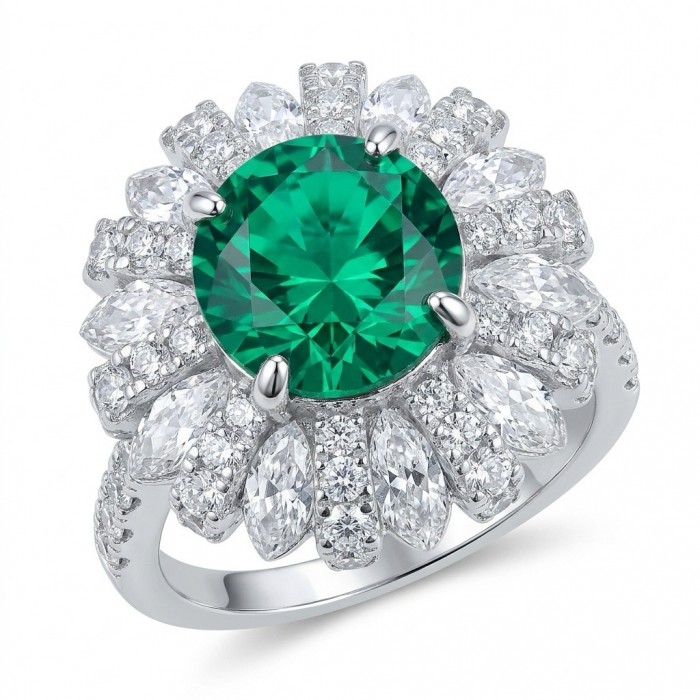 Estelle - Authentic 10.6 carat COLOMBIAN EMERALD .925 Sterling Silver dipped in rhodium handcrafted Ring size 6 1/4
