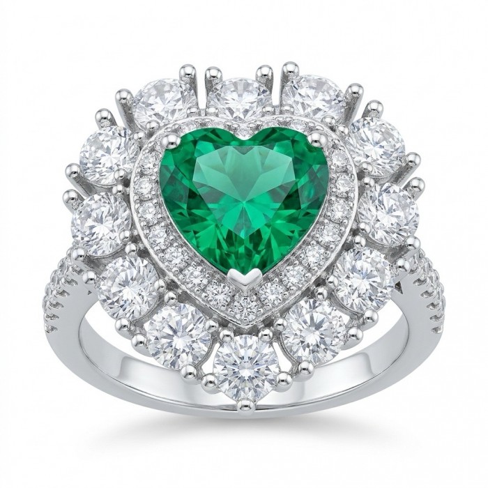 Precious Heart 2.8 carat natural Colombian Emerald .925 Sterling Silver handmade Statement Ring size 7 1/4