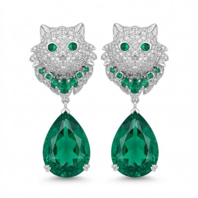 Elegant luxurious Cat 14.7 carat Colombian Emerald rhodium over .925 Sterling Silver handcrafted Statement earrings