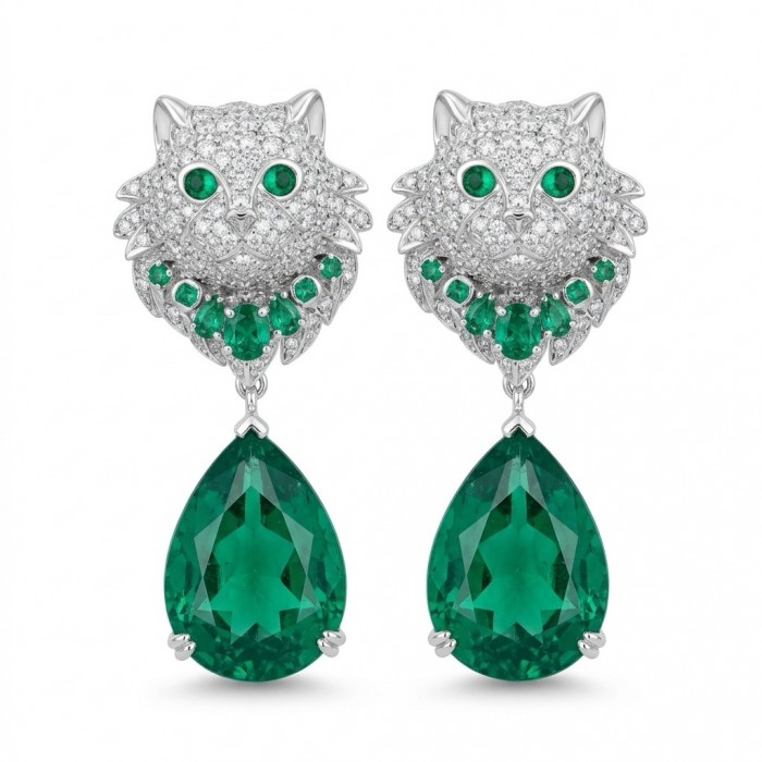 Elegant luxurious Cat 14.7 carat Colombian Emerald rhodium over .925 Sterling Silver handcrafted Statement earrings