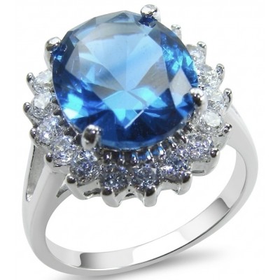 Aqua 10.5 carat Swiss Blue Topaz rhodium over .925 Sterling Silver handcrafted ring size 7 1/4