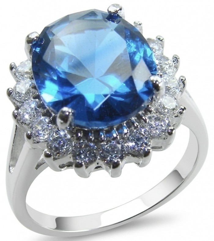 Aqua 10.5 carat Swiss Blue Topaz rhodium over .925 Sterling Silver handcrafted ring size 7 1/4