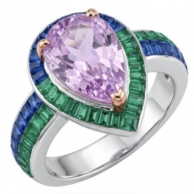 Emily - Art Deco - Precious genuine 9.8 carat Kunzite rhodium over .925 Sterling Silver 2 tones handcrafted ring size 8