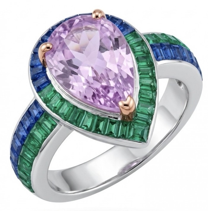 Emily - Art Deco - Precious genuine 9.8 carat Kunzite rhodium over .925 Sterling Silver 2 tones handcrafted ring size 8