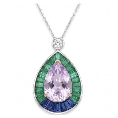 Emily - Art Deco - Precious genuine 10.2 carat Kunzite rhodium over .925 Sterling Silver 2 tones handcrafted necklace