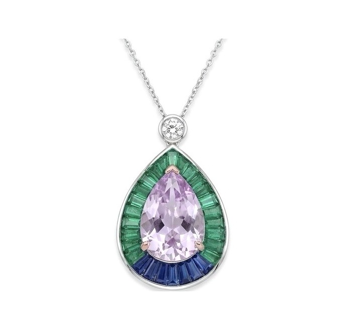 Emily - Art Deco - Precious genuine 10.2 carat Kunzite rhodium over .925 Sterling Silver 2 tones handcrafted necklace