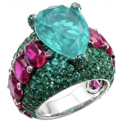Iconic design - Natural 14.5 carat Emerald 6.8 carat Ruby Sapphire rhodium over .925 Sterling Silver handcrafted ring size 7