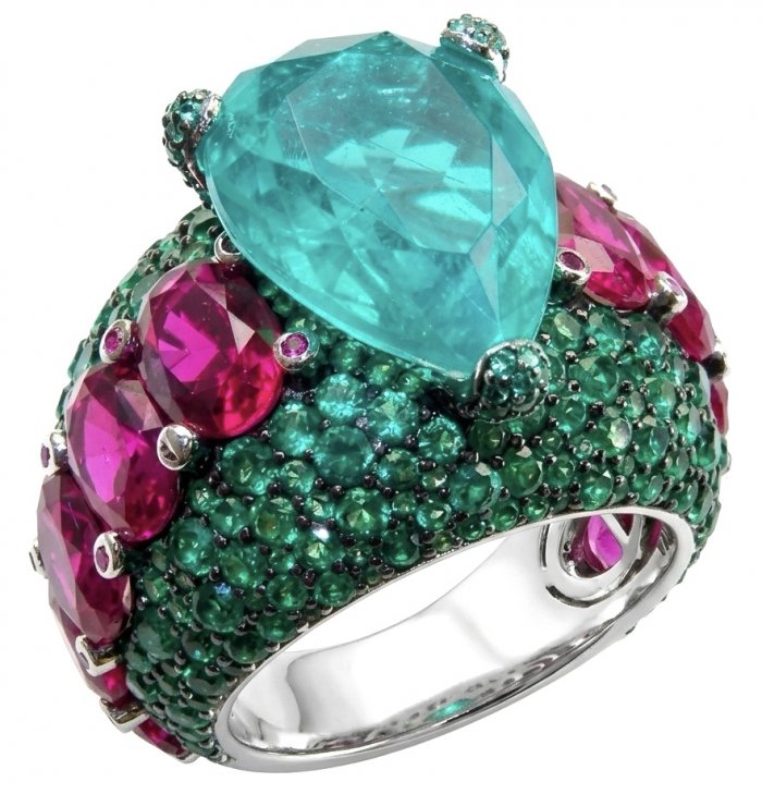 Iconic design - Natural 14.5 carat Emerald 6.8 carat Ruby Sapphire rhodium over .925 Sterling Silver handcrafted ring size 7 - video