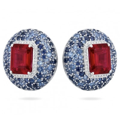 Giovanna - Magnificent Jewel - 15.2 carat Kashmir Ruby 4.8 pave Sapphire .925 Sterling Silver dipped in rhodium handcrafted incredible Statement earrings