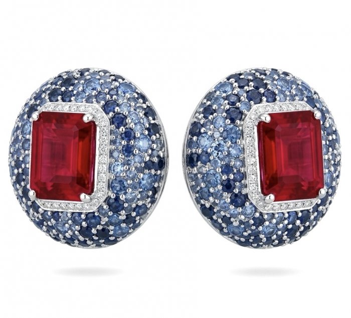 Giovanna - Magnificent Jewel - 15.2 carat Kashmir Ruby 4.8 pave Sapphire .925 Sterling Silver dipped in rhodium handcrafted incredible Statement earrings - video