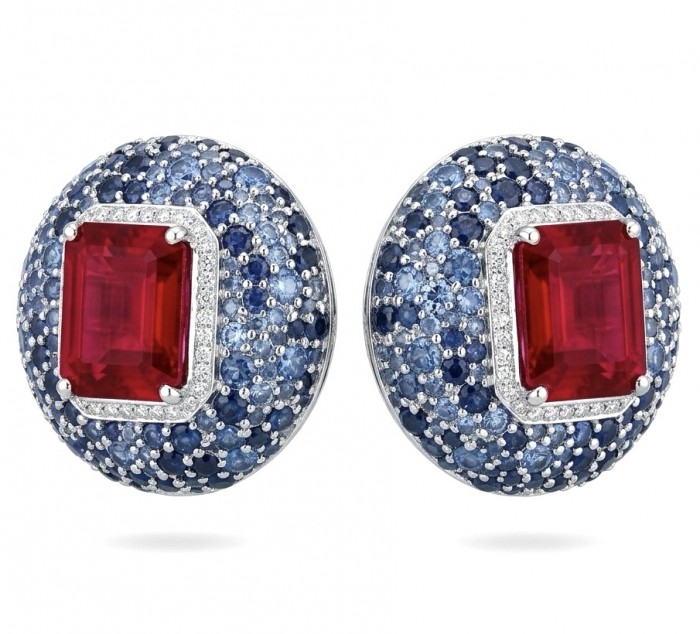 Giovanna - Magnificent Jewel - 15.2 carat Kashmir Ruby 4.8 pave Sapphire .925 Sterling Silver dipped in rhodium handcrafted incredible Statement earrings
