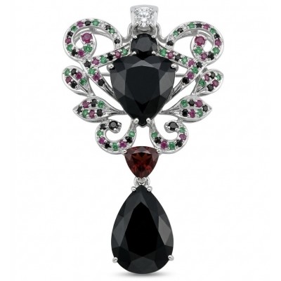 Marie Antoinette's Style 32.8grams natural Black Onyx Garnet .925 Sterling Silver dipped in Rhodium handmade LARGE Pendant - Brooch