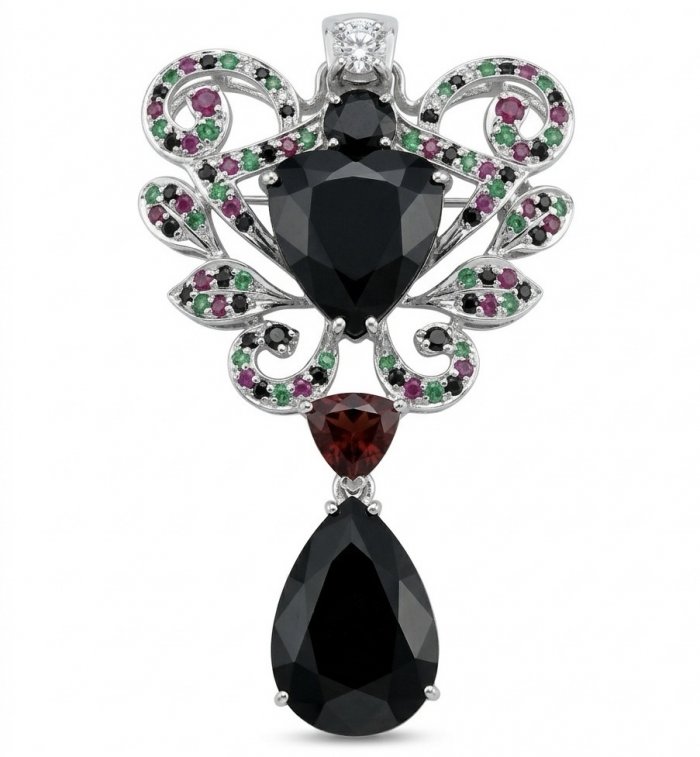 Marie Antoinette's Style 32.8grams natural Black Onyx Garnet .925 Sterling Silver dipped in Rhodium handmade LARGE Pendant - Brooch - video