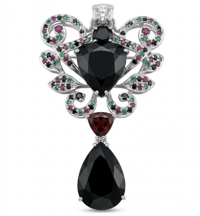 Marie Antoinette's Style 32.8grams natural Black Onyx Garnet .925 Sterling Silver dipped in Rhodium handmade LARGE Pendant - Brooch