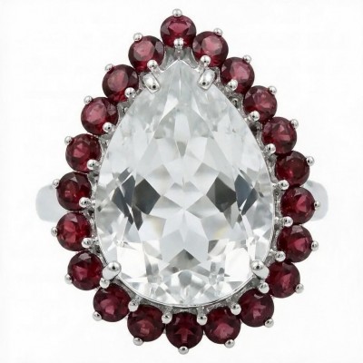 Nirvana Natural Fancy pear cut 15.8 carat White Topaz .925 Sterling Silver dipped in rhodium handmade Statement Ring size 8