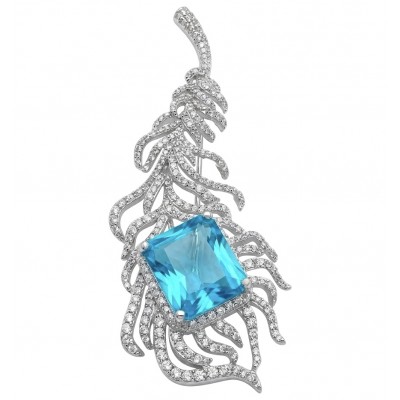 Magic Blue Feather Large 10.8 carat Swiss Blue Topaz .925 Sterling Silver DIPPED IN RHODIUM handmade Brooch