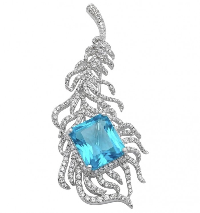Magic Blue Feather Large 10.8 carat Swiss Blue Topaz .925 Sterling Silver DIPPED IN RHODIUM handmade Brooch