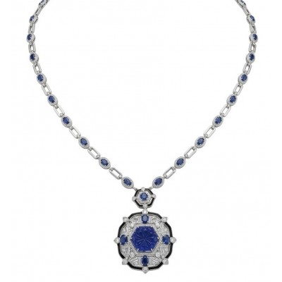 Art Deco - Pacifica - 88.4 carat Sapphire Enamel .925 Sterling Silver handmade Statement necklace; 24 inches long