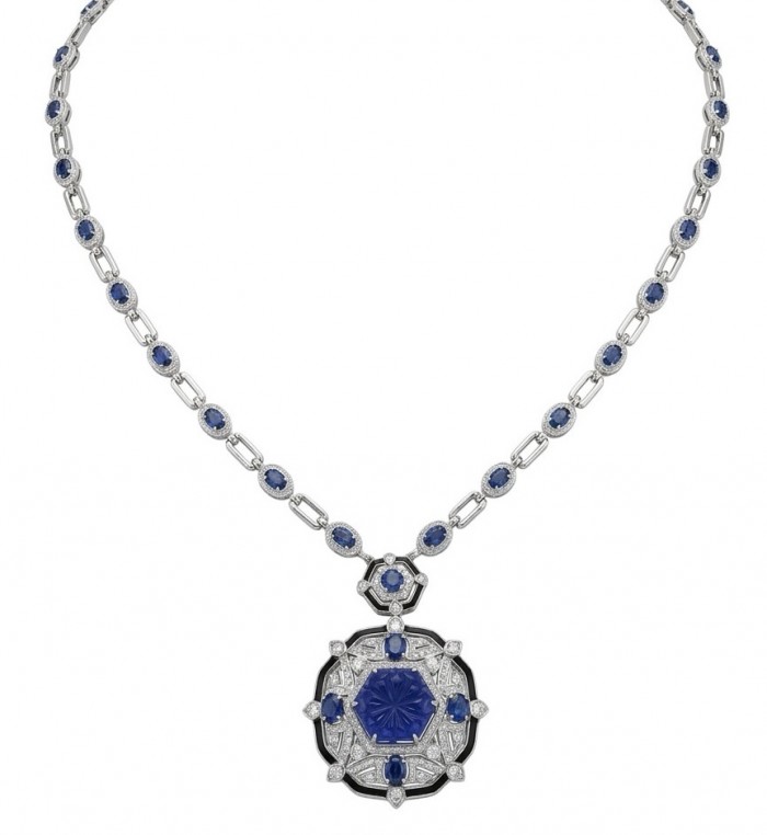 Art Deco - Pacifica - 88.4 carat Sapphire Enamel .925 Sterling Silver handmade Statement necklace; 24 inches long
