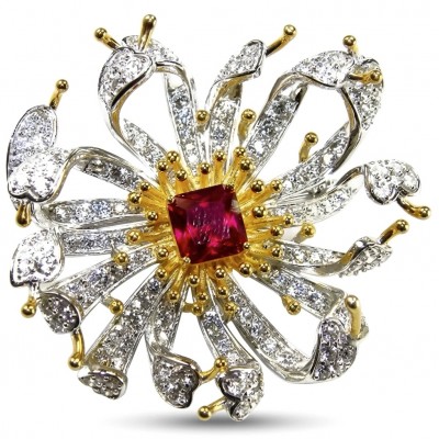 Exotic Flower - RARE FINDING - 4.7 carat Authentic Ruby 18k Gold over .925 Sterling Silver handcrafted Pendant Brooch
