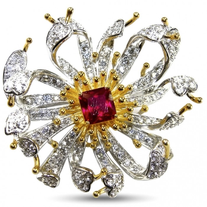 Exotic Flower - RARE FINDING - 4.7 carat Authentic Ruby 18k Gold over .925 Sterling Silver handcrafted Pendant Brooch