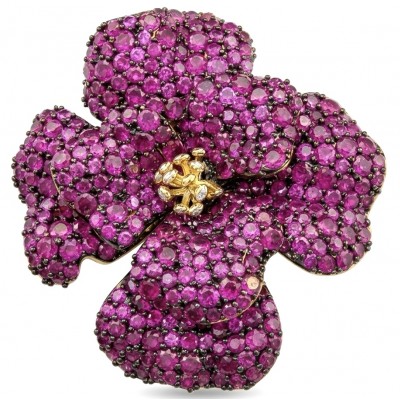 Black Label Collection - Retro Style - Rose Genuine pave 25.5 carat Ruby 2 tones .925 Sterling Silver dipped in black rhodium handmade Pendant - Brooch