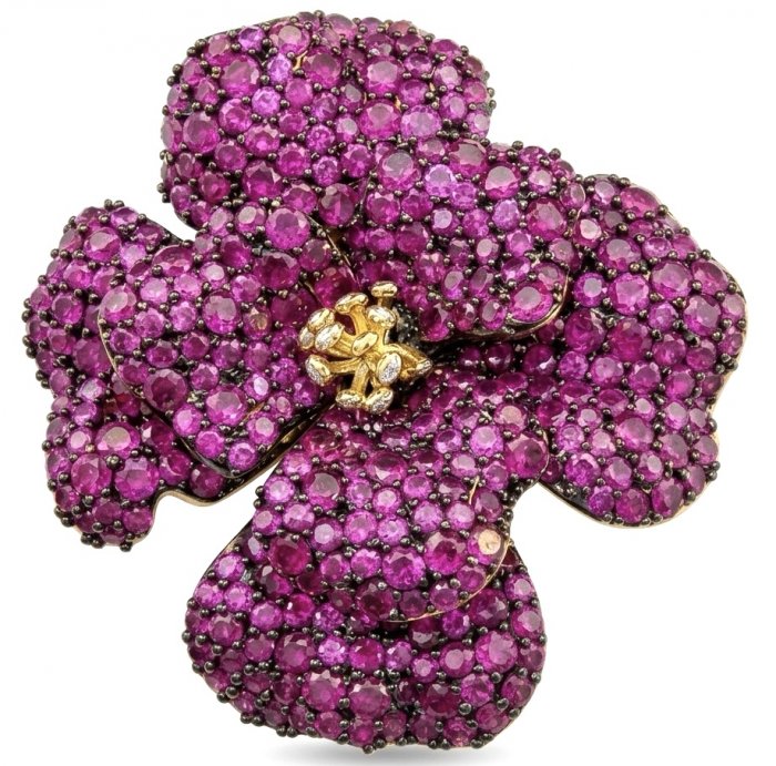Black Label Collection - Retro Style - Rose Genuine pave 25.5 carat Ruby 2 tones .925 Sterling Silver dipped in black rhodium handmade Pendant - Brooch - video