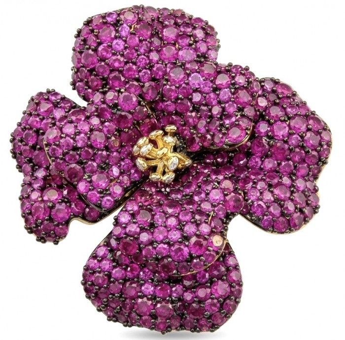 Black Label Collection - Retro Style - Rose Genuine pave 25.5 carat Ruby 2 tones .925 Sterling Silver dipped in black rhodium handmade Pendant - Brooch
