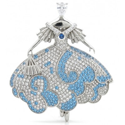 Ballerina - Precious pave 4.2 carat Colombian Sapphire rhodium over .925 Sterling Silver handmade Pendant - Brooch
